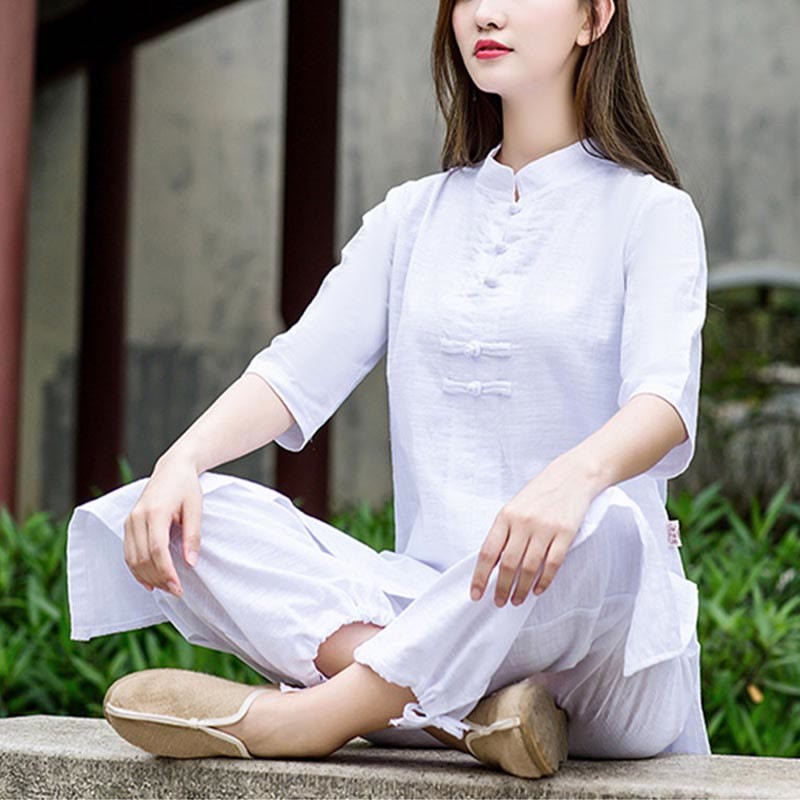 2Pcs Half Sleeve Shirt Top Pants Meditation Zen Tai Chi Linen Clothing Women's Set