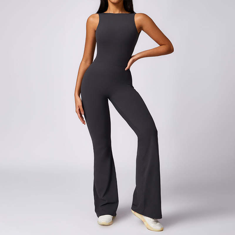 Women Casual Sleeveless Jumpsuit Flare Pants Sports Fitness Yoga Bodysuit