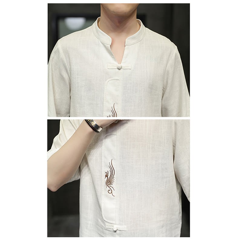 Frog-Button Phoenix Embroidery Chinese Tang Suit Short Sleeve Shirt Cotton Linen Men Clothing