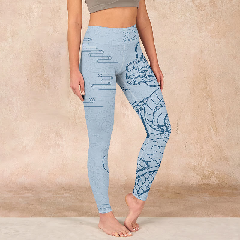 Blue Soaring Dragon Swirling Clouds Print Gym Leggings Women's Yoga Pants