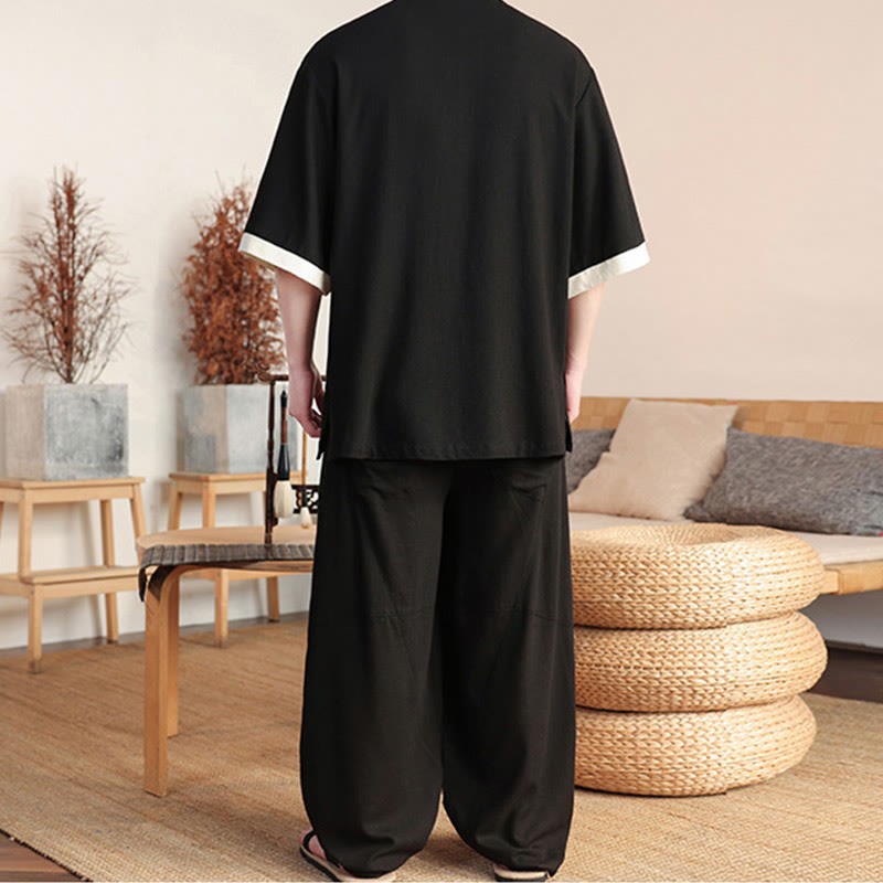 2Pcs Chinese Frog-button Men's Shirt Wide Leg Pants Meditation Cloth Set