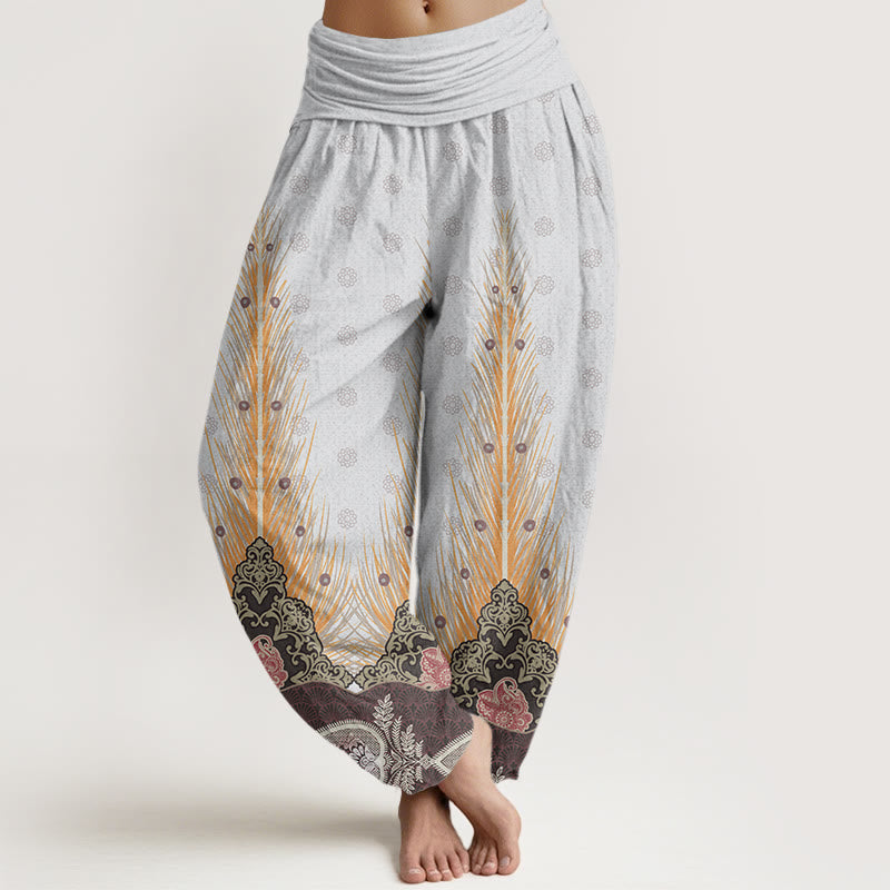 Feather Pattern Design Women's Elastic Waist Harem Pants