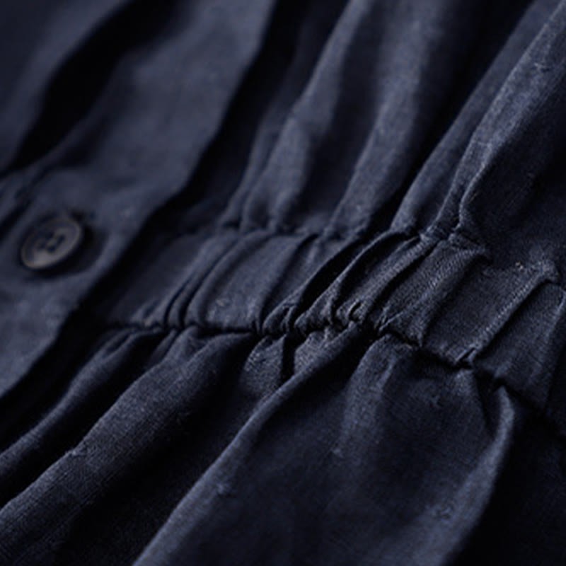 Spring Plain Button Half Puff Sleeve Waisted V-Neck Cotton Linen Women's Shirt