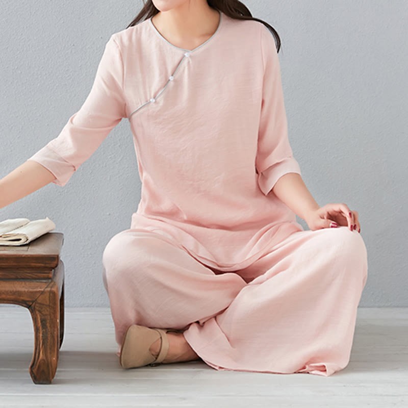 2Pcs Three Quarter Sleeve Long Sleeve Shirt Wide Leg Pants Meditation Cotton Linen Clothing Women's Set