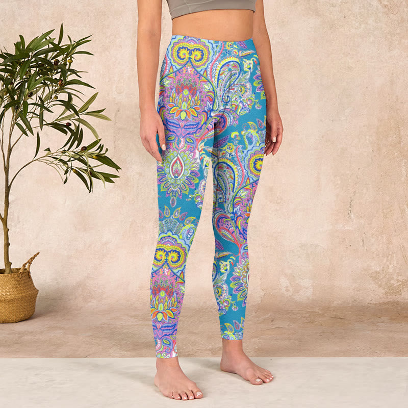 Blue Pink Green Flower Print Gym Fitness Leggings Women's Yoga Pants