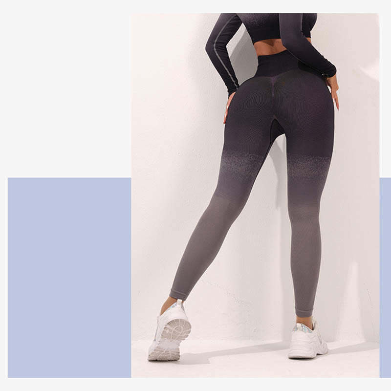 Gradient Long Sleeve Crop Top Tee Bra Leggings Pants Fitness Yoga Outfit
