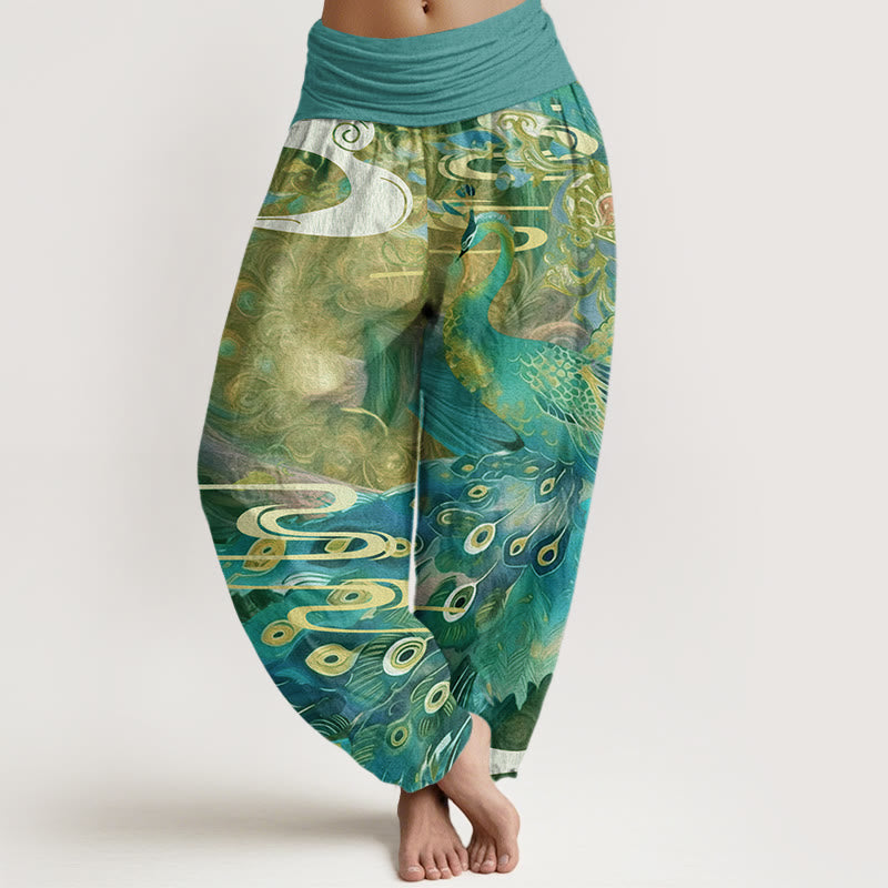 Vibrant Peacock Auspicious Clouds Pattern Women's Elastic Waist Harem Pants