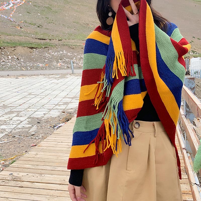 Tibetan Colorful Striped Design Shawl Tassels Pullover Winter Cozy Travel Scarf Wrap