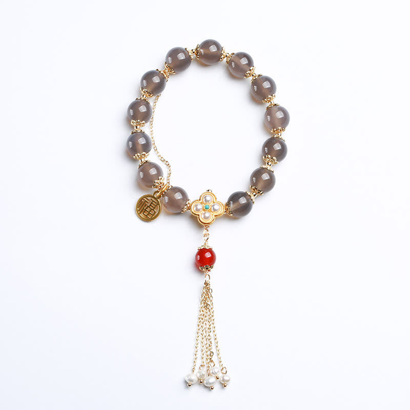 Natural Gray Agate Fu Character Pearl Tassel Balance Bracelet