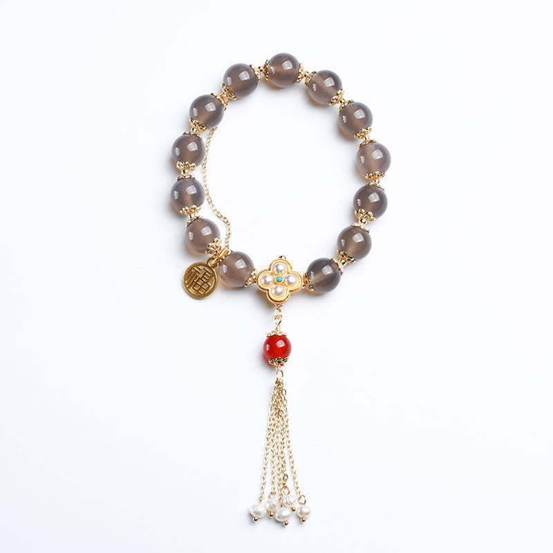 Natural Gray Agate Fu Character Pearl Tassel Balance Bracelet