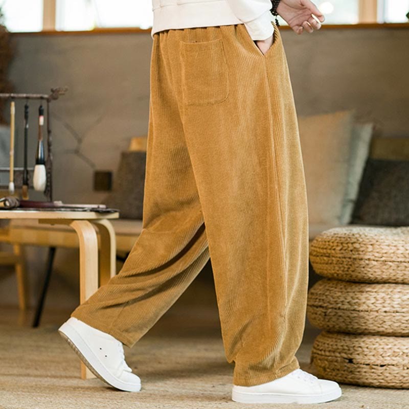 Fall Winter Men's Drawstring Corduroy Harem Pants With Pockets