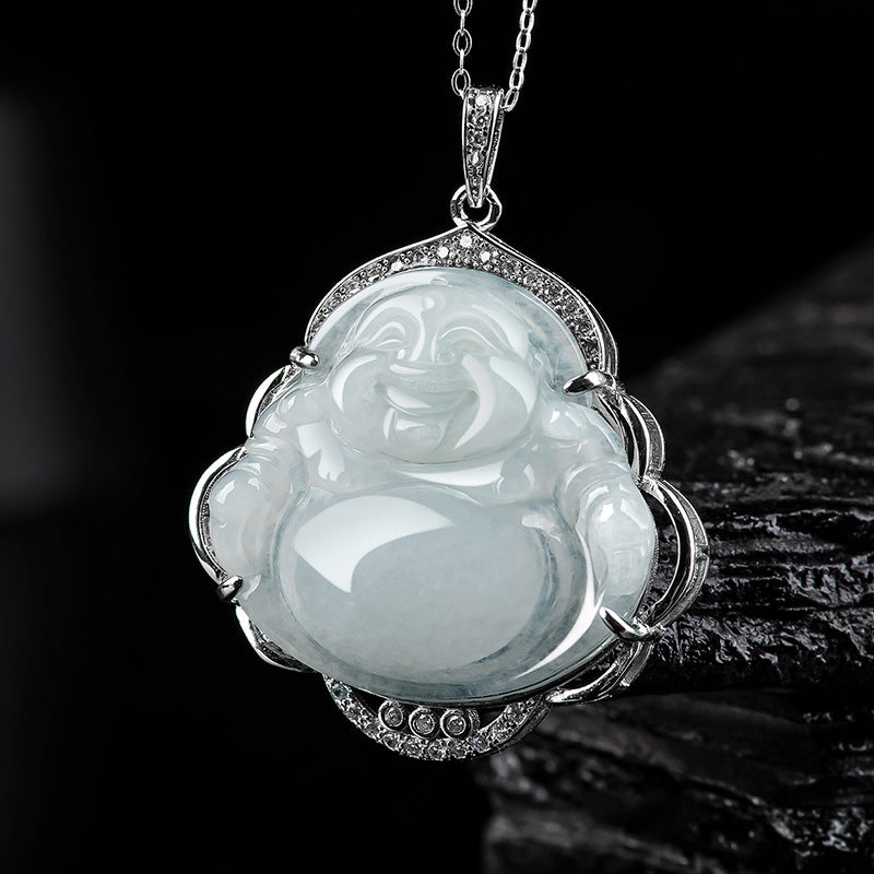 925 Sterling Silver Laughing mystic zen Natural Jade Abundance Necklace Pendant
