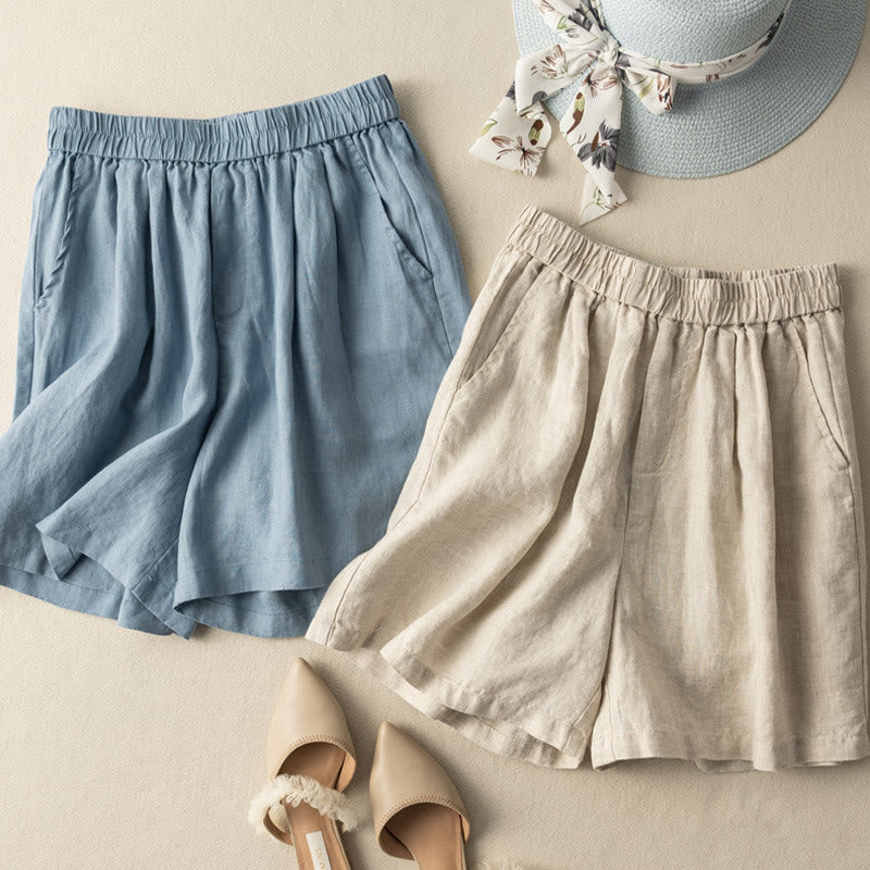 Casual Plain Color Cotton Linen Women's Shorts With Pockets