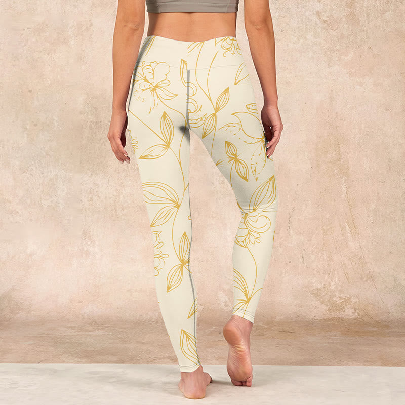 Beige Flower Vine Print Gym Leggings Women's Yoga Pants