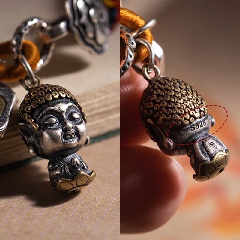Handmade Tibetan 925 Sterling Silver Chinese Zodiac Natal mystic zen Zakiram Goddess of Wealth Protection Multicolored Rope Braided Bracelet