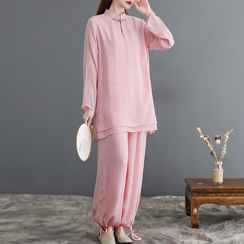 2Pcs Solid Women's Long Sleeve Shirt Pants Meditation Clothing Set