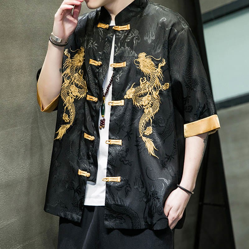 Frog-Button Chinese Dragon Embroidery Half Sleeve Shirt Linen Men Clothing