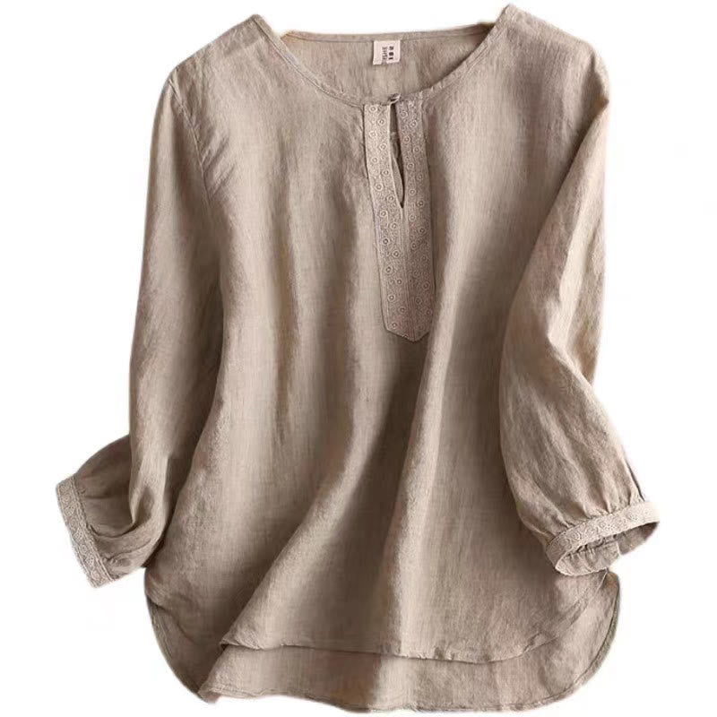 Casual Plain Women's Hollow Crew Neck Design Three Quarter Sleeve Cotton Linen Shirt