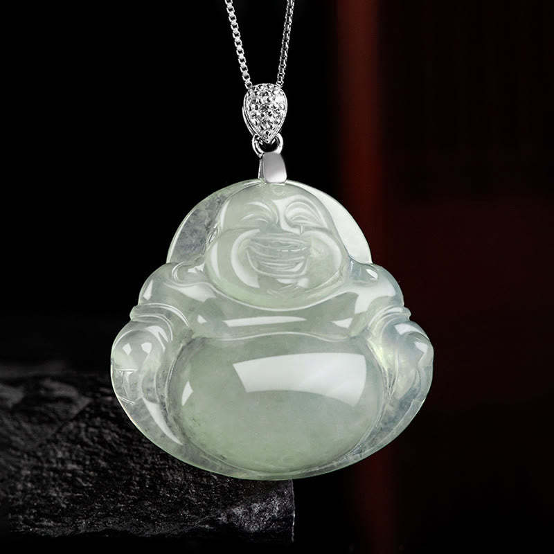 925 Sterling Silver Natural Jade Laughing mystic zen Prosperity Abundance Chain Necklace Pendant