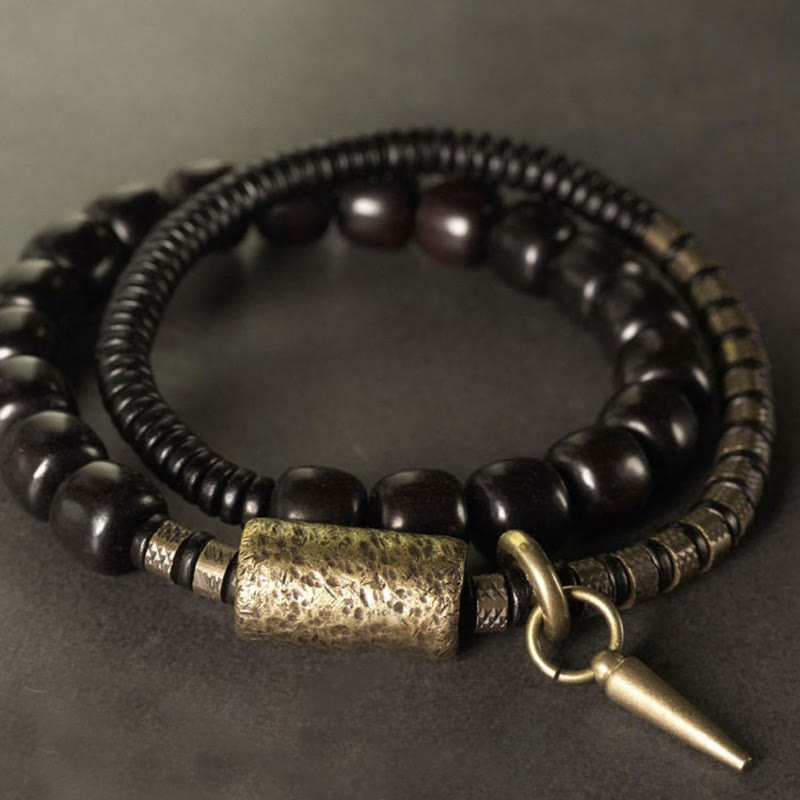Ebony Wood Copper Brass Vintage Bead Cone Double Wrap Balance Bracelet