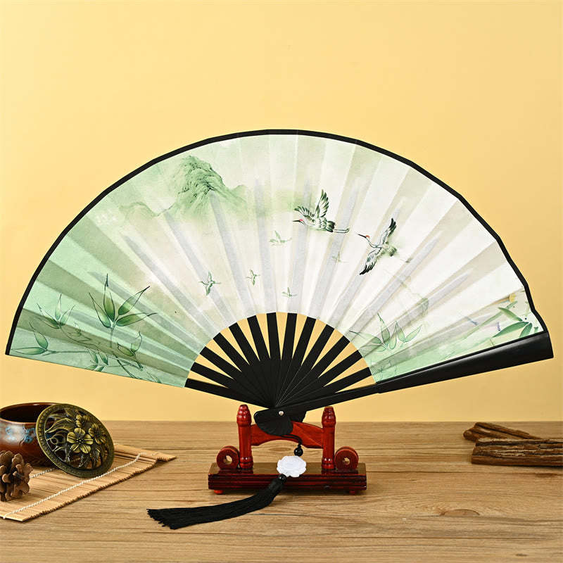 Vintage Phoenix Nine-Tailed Fox Flower Bamboo Tiger Handheld Folding Fan Lotus Tassel Fan