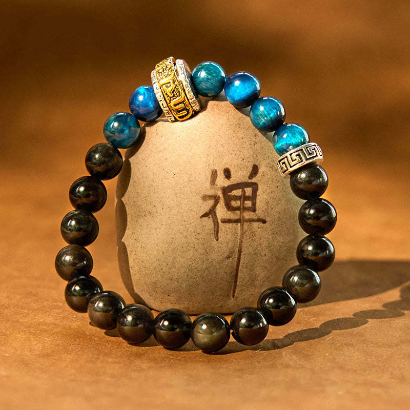 Silver Sheen Obsidian Blue Tiger Eye Om Mani Padme Hum Protection Bracelet