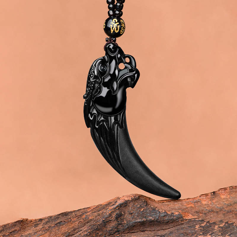 Natural Black Jade Chinese Zodiac Dragon Tooth Pattern Protection Necklace Pendant