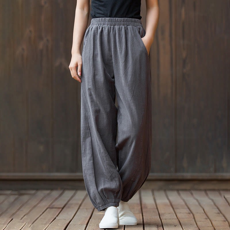 Casual Solid Plain Color Carrot Elastic Waistband Cotton Ramie Women's Pants With Pockets