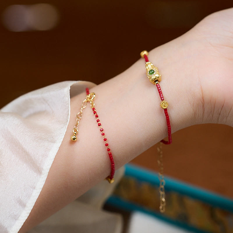 24k Gold Plated 925 Sterling Silver Liuli Glass Bead PiXiu Four Leaf Clover Joy And Happiness Wealth Bracelet