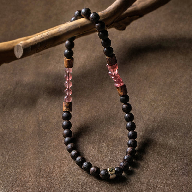 925 Sterling Silver Chinese Zodiac Natal mystic zen Agarwood Strawberry Quartz Peace Double Wrap Bracelet