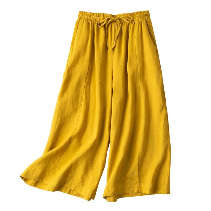 Plain Color Cropped Pants Cotton Linen Women's Wide Leg Pants With Pockets