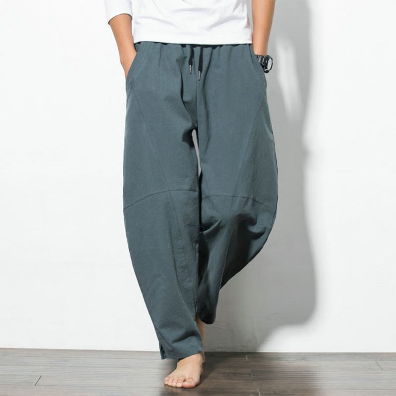 Casual Men's Solid Color Linen Drawstring Pants With Pockets