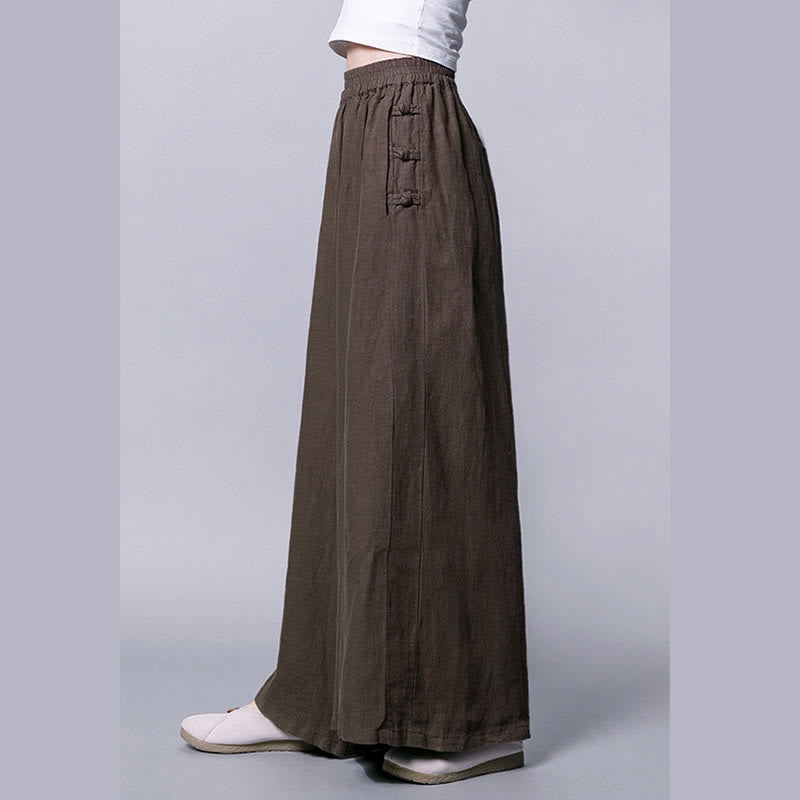 Casual Cotton Frog-Button High Waist Wide Leg Pants With Pockets