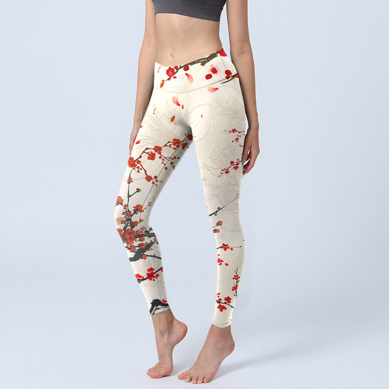 Blooming Red Plum Blossoms Print Gym Leggings Women's Yoga Pants