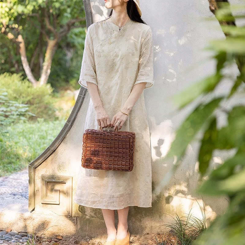 Casual Embroidered Slant Collar Stand Collar Half Sleeve Design Ramie Midi Dress With Pockets