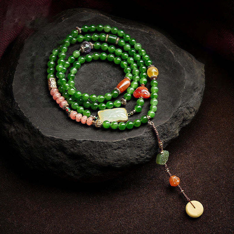 108 Mala Beads Cyan Jade Red Agate Laughing mystic zen Luck Bracelet