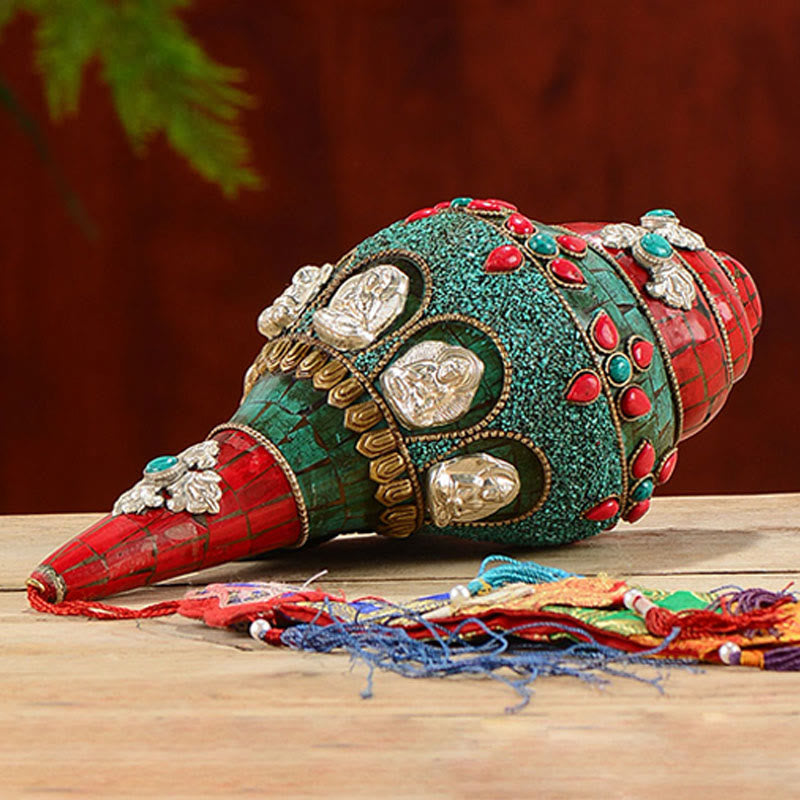Tibetan Handmade Shankha Om Mani Padme Hum mystic zen Avalokitesvara Turquoise Conch Shell Positive Decoration