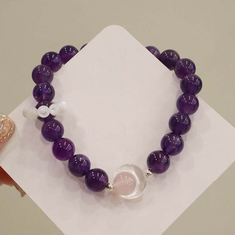 925 Sterling Silver Natural Amethyst Aquamarine Pink Crystal Cat's Eye Healing Crescent Moon Bracelet