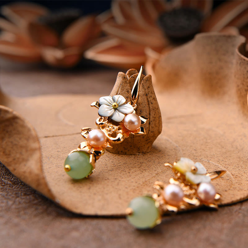 14K Gold Plated Tridacna Stone Flower Pearl Green Aventurine Bead Drop Earrings