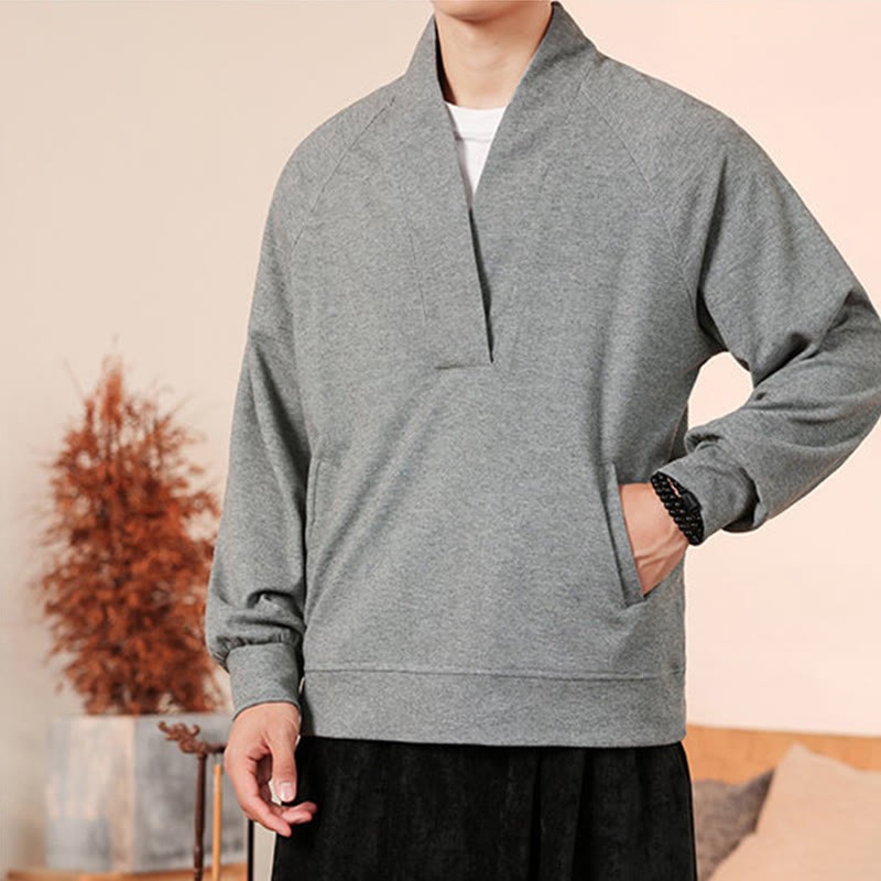 Fall Simple V-Neck Men's Sweatshirt Cotton Pullover With Pockets