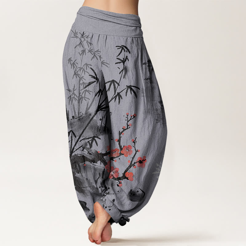 Plum Blossoms Bamboo Orchids Chrysanthemums Pattern Women's Elastic Waist Harem Pants