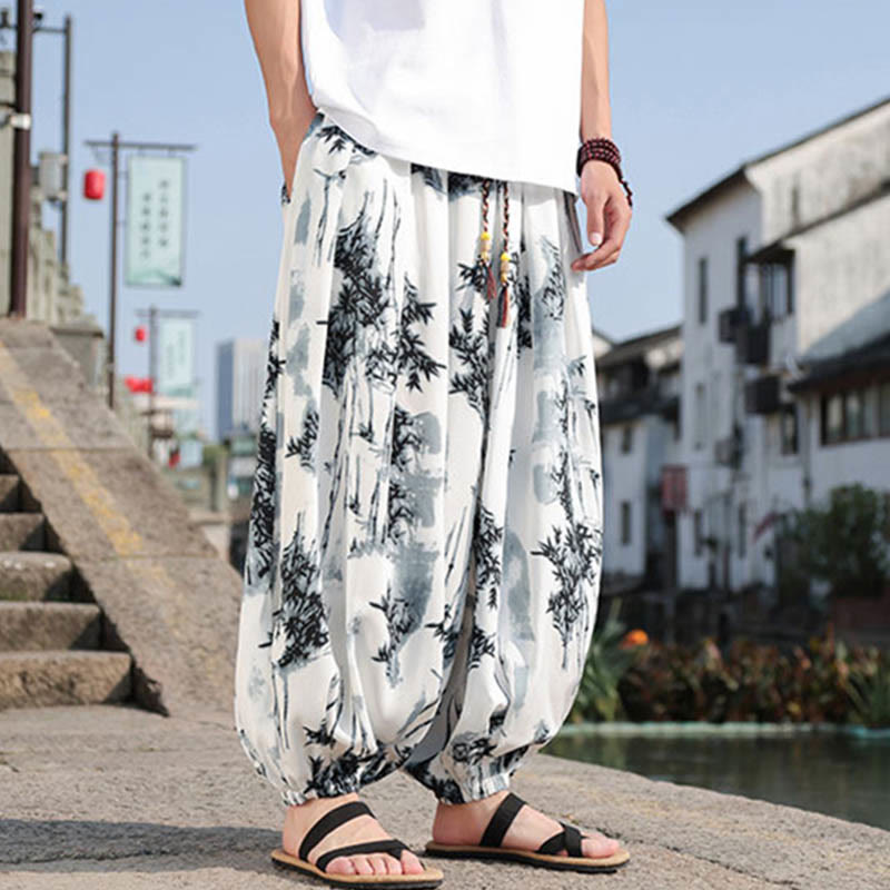 Bamboo Leaves Pattern Loose Men's Harem Pants With Pockets