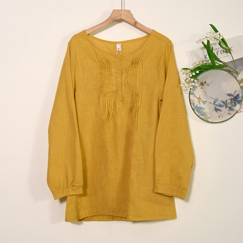 Round Neck Casual Pleated Long Sleeve Shirt Cotton Linen Women's Shirts