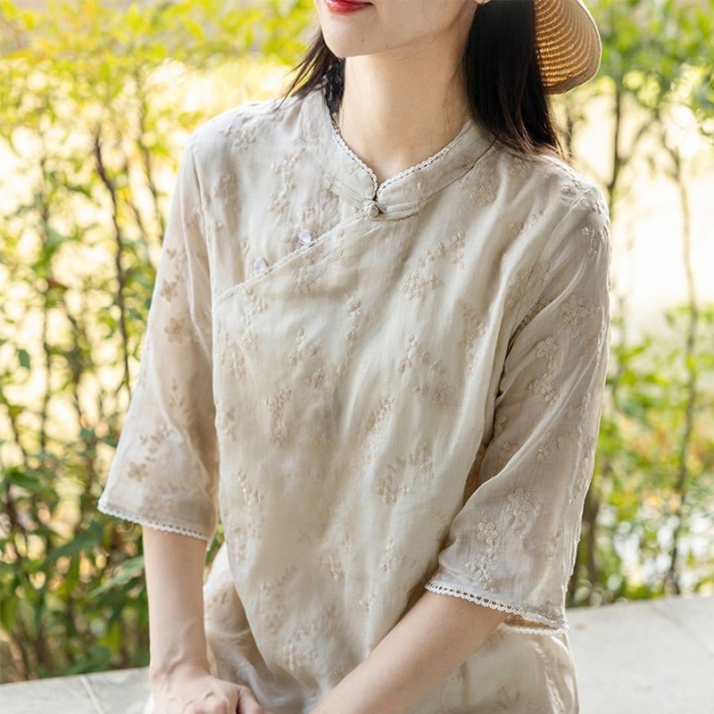 Casual Embroidered Slant Collar Stand Collar Half Sleeve Design Ramie Midi Dress With Pockets