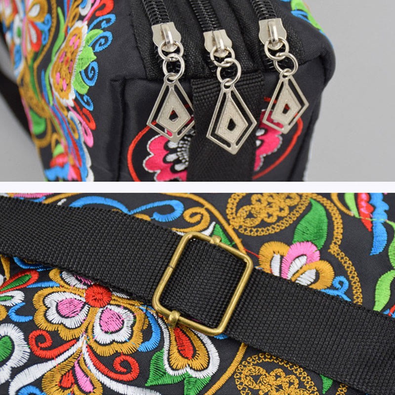 Galsang Inula Flower Peony Peacock Double-Sided Embroidery Canvas Shopping Purse Handbag Crossbody Bag