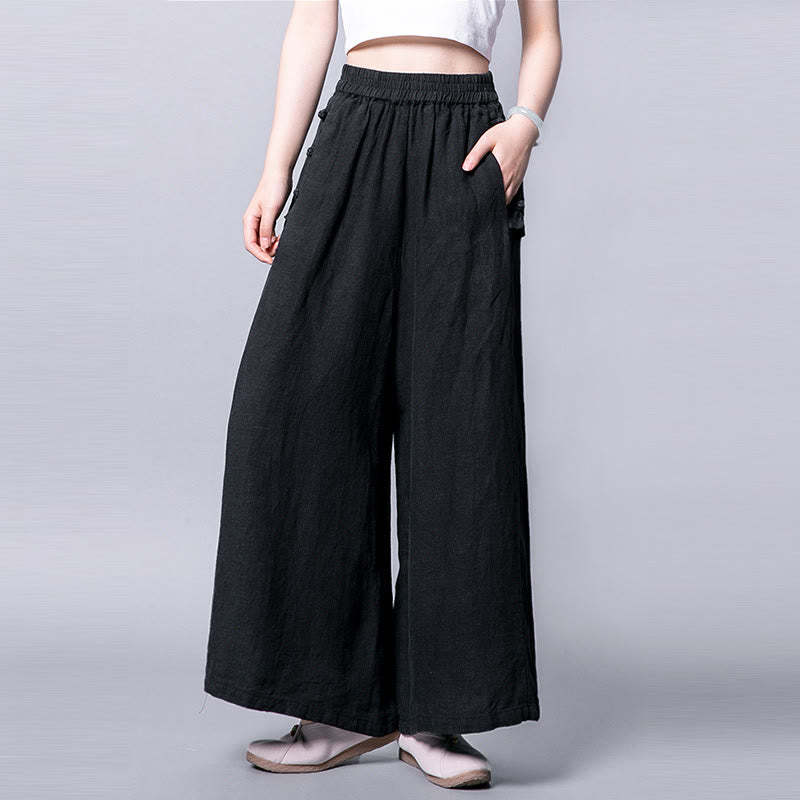 Casual Cotton Frog-Button High Waist Wide Leg Pants With Pockets
