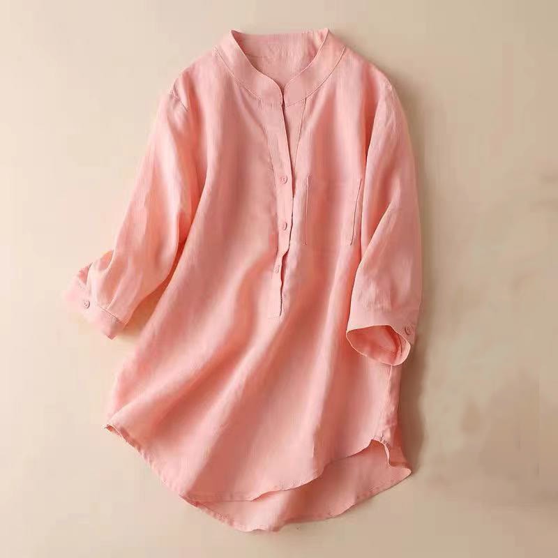 Casual Women's V-neck Three Quarter Sleeve Design Plain Cotton Linen Shirt