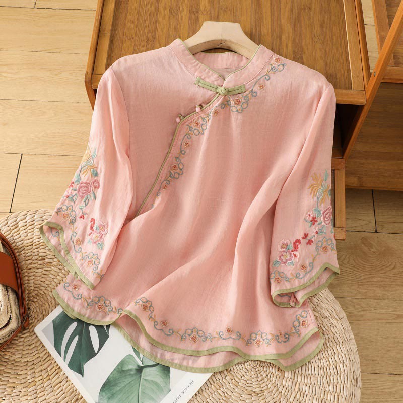Casual Women's Embroidered Flower Stand Collar Design Three Quarter Sleeve Cotton Linen Shirt