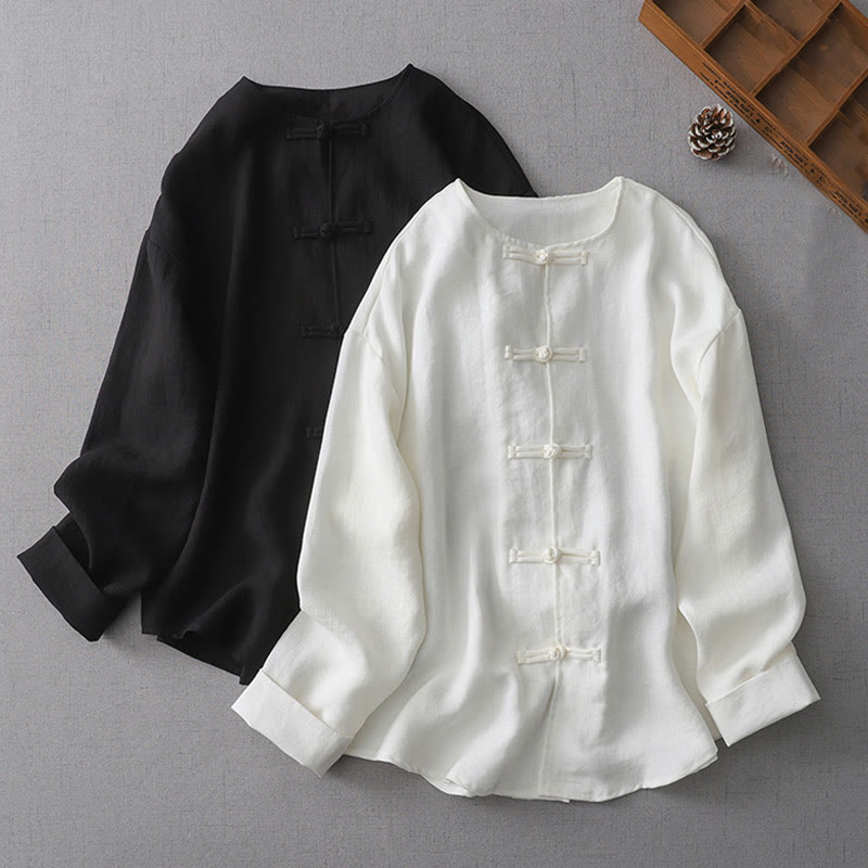 Solid Color Button Long Sleeve Cotton Linen Women's Shirt