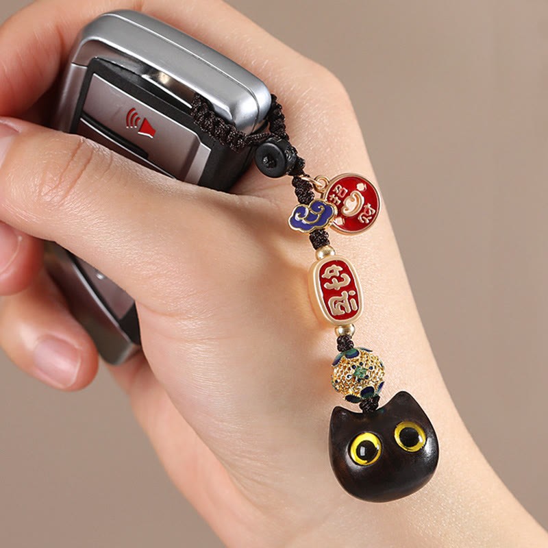 Ebony Wood Lucky Cat Auspicious Cloud Peace Key Chain Phone Hanging Decoration